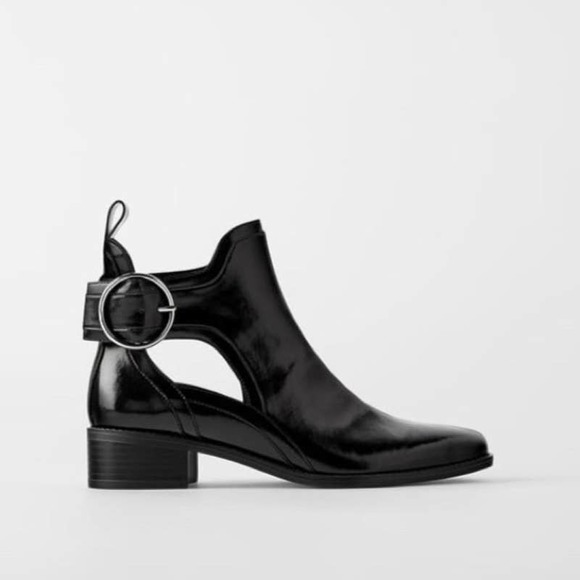 ZARA Black Patent Leather Cut Out Ankle Boots - Picture 1 of 9